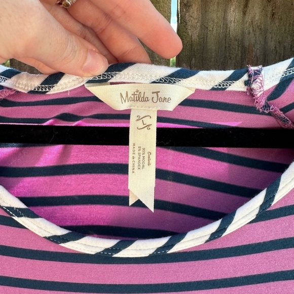 Matilda Jane Stretch Jersey Knit Striped Purple and Navy Long Sleeve Tunic Top - Picture 5 of 6